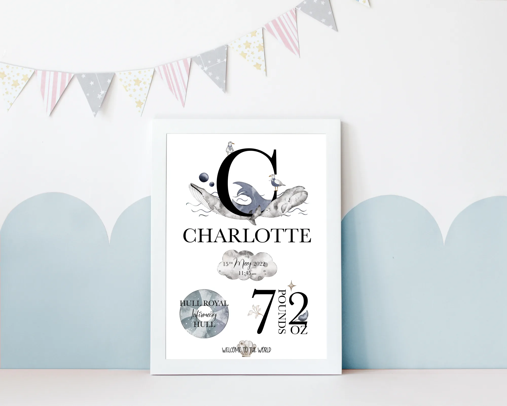 Personalised seagull sailor theme newborn print with baby birth details