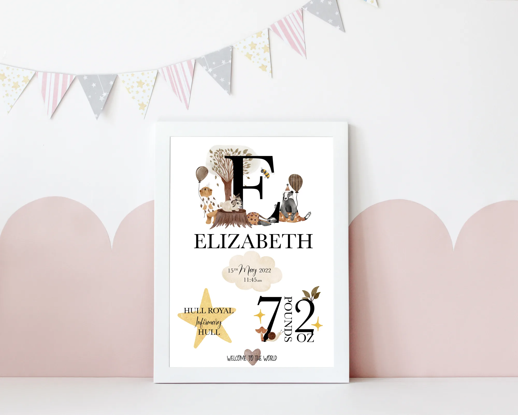 Personalised newborn birth details print in a woodland design