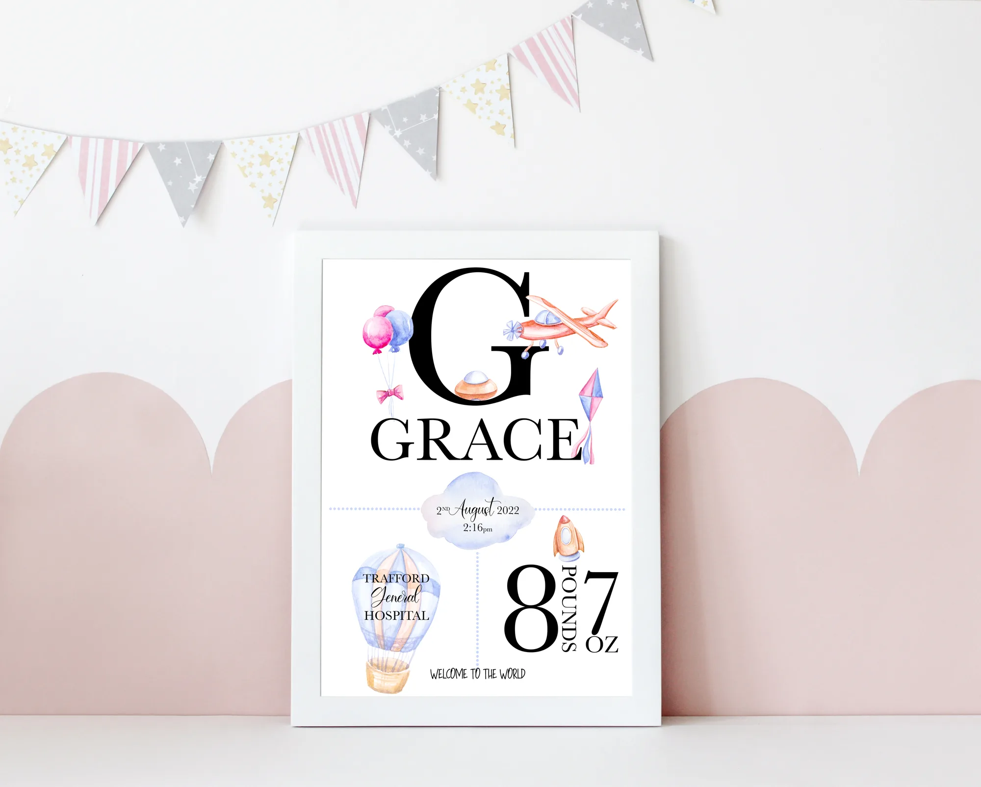 Personalised air transport theme newborn print with baby name and birth details