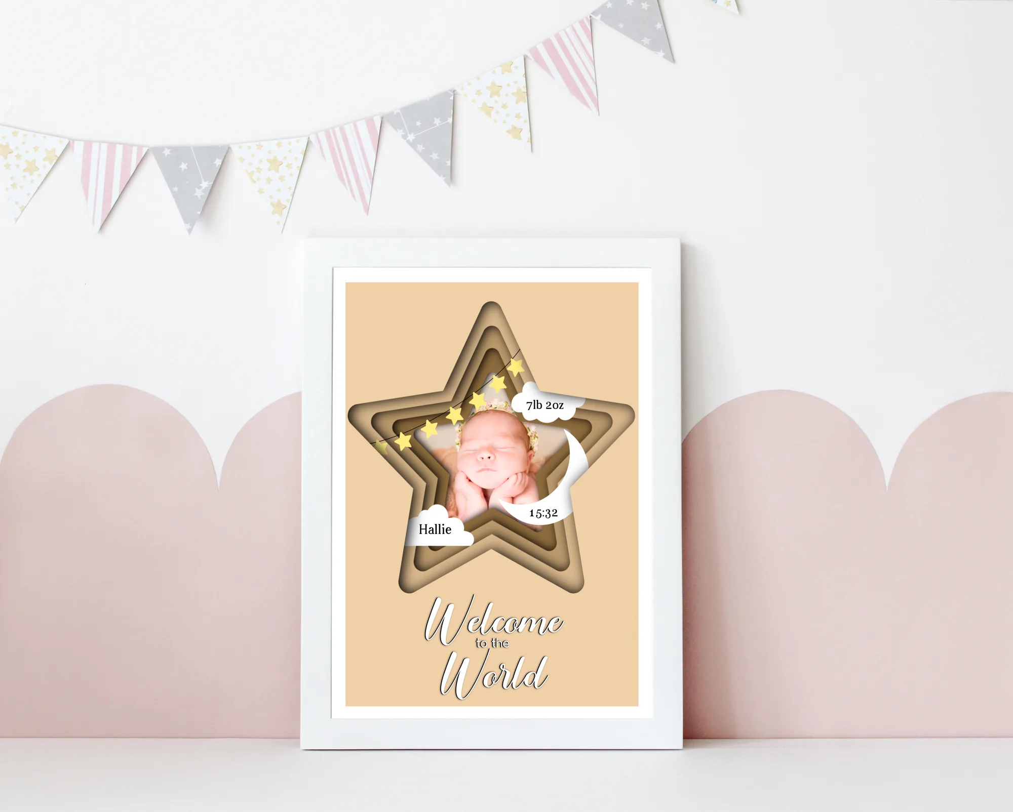 Personalised 3D star newborn print with a baby's name and birth details