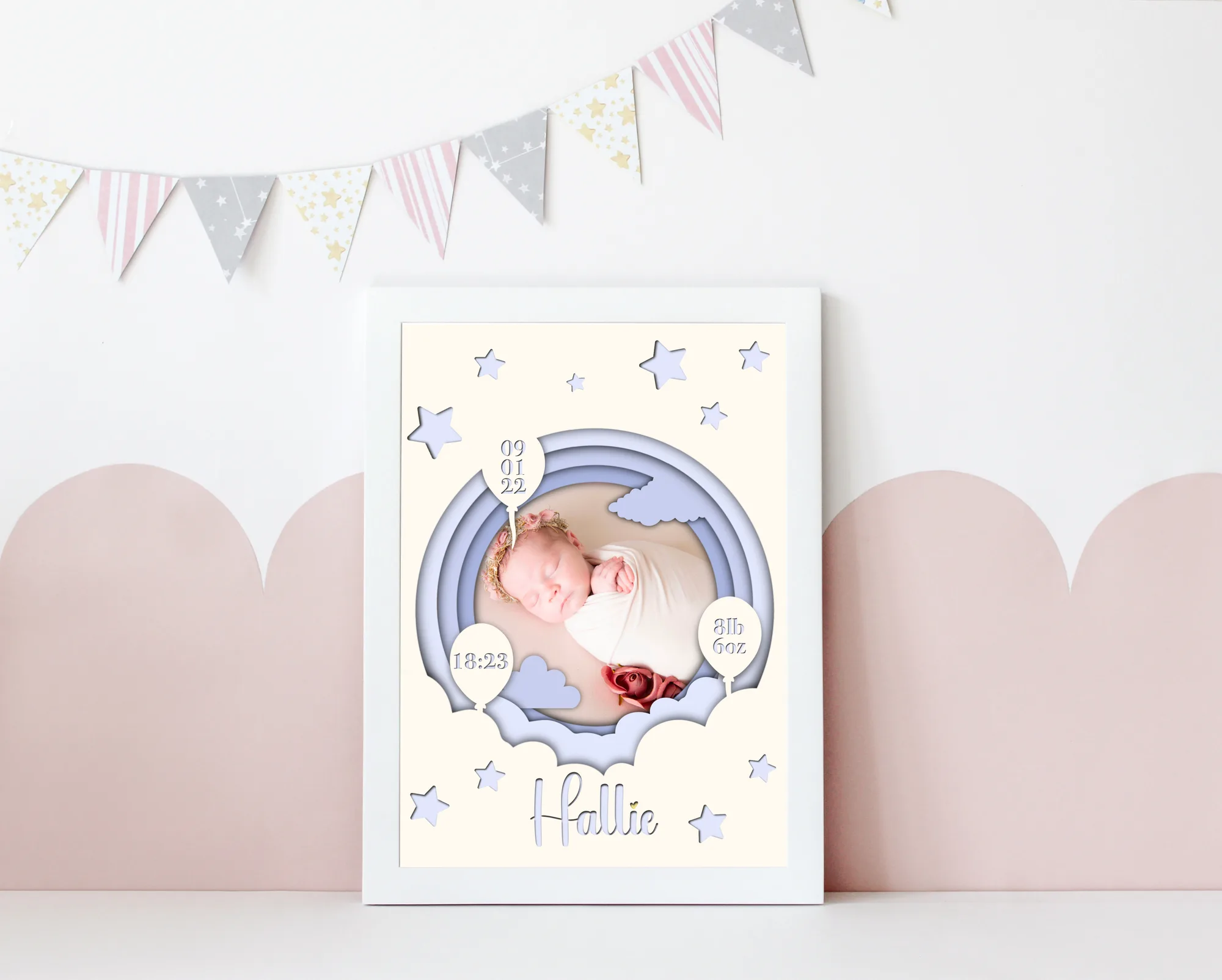Personalised 3D balloon circle newborn print with photo and birth details