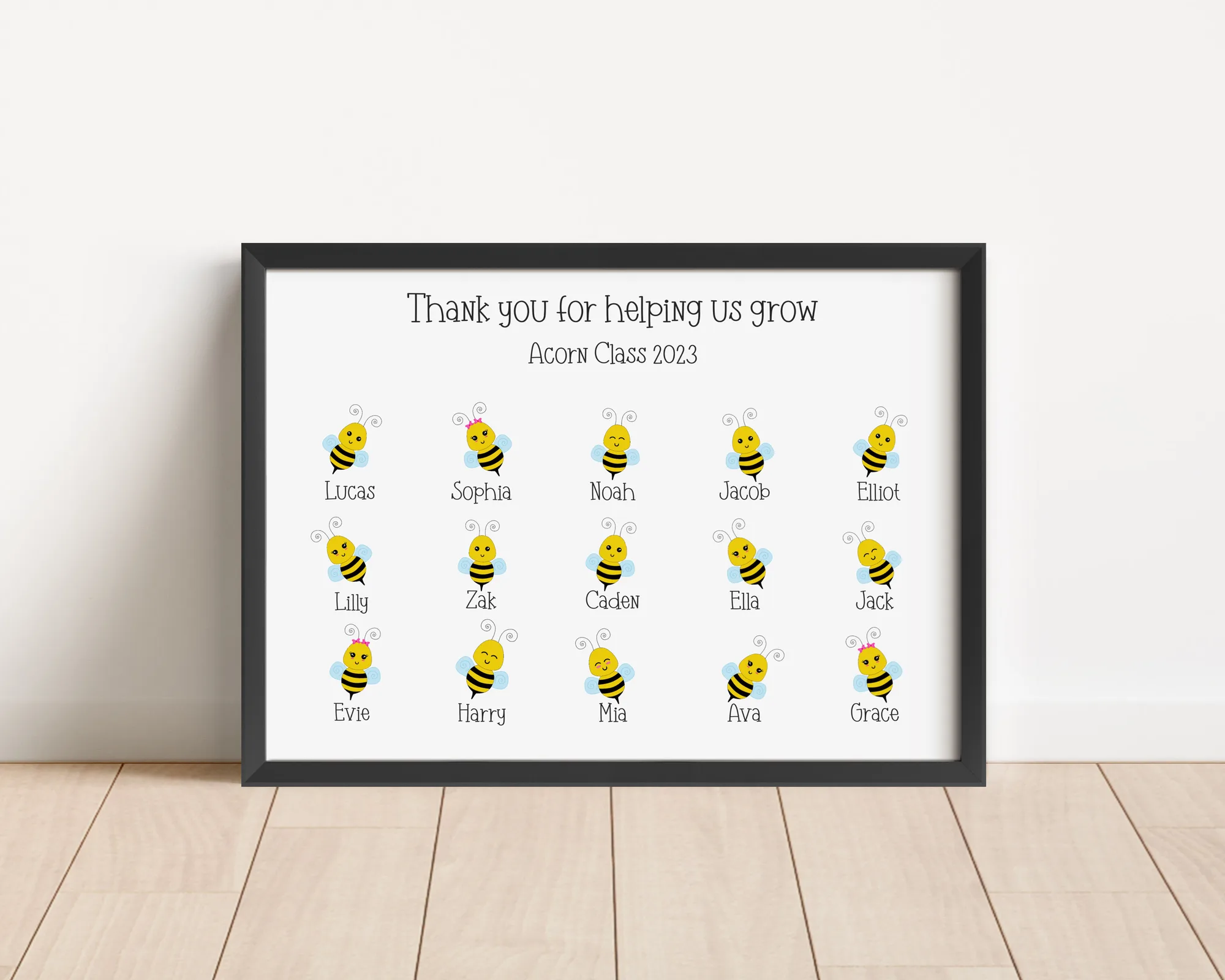 Personalised teacher class print with a bumblebee for each pupil, showing the teacher's name and the children's names