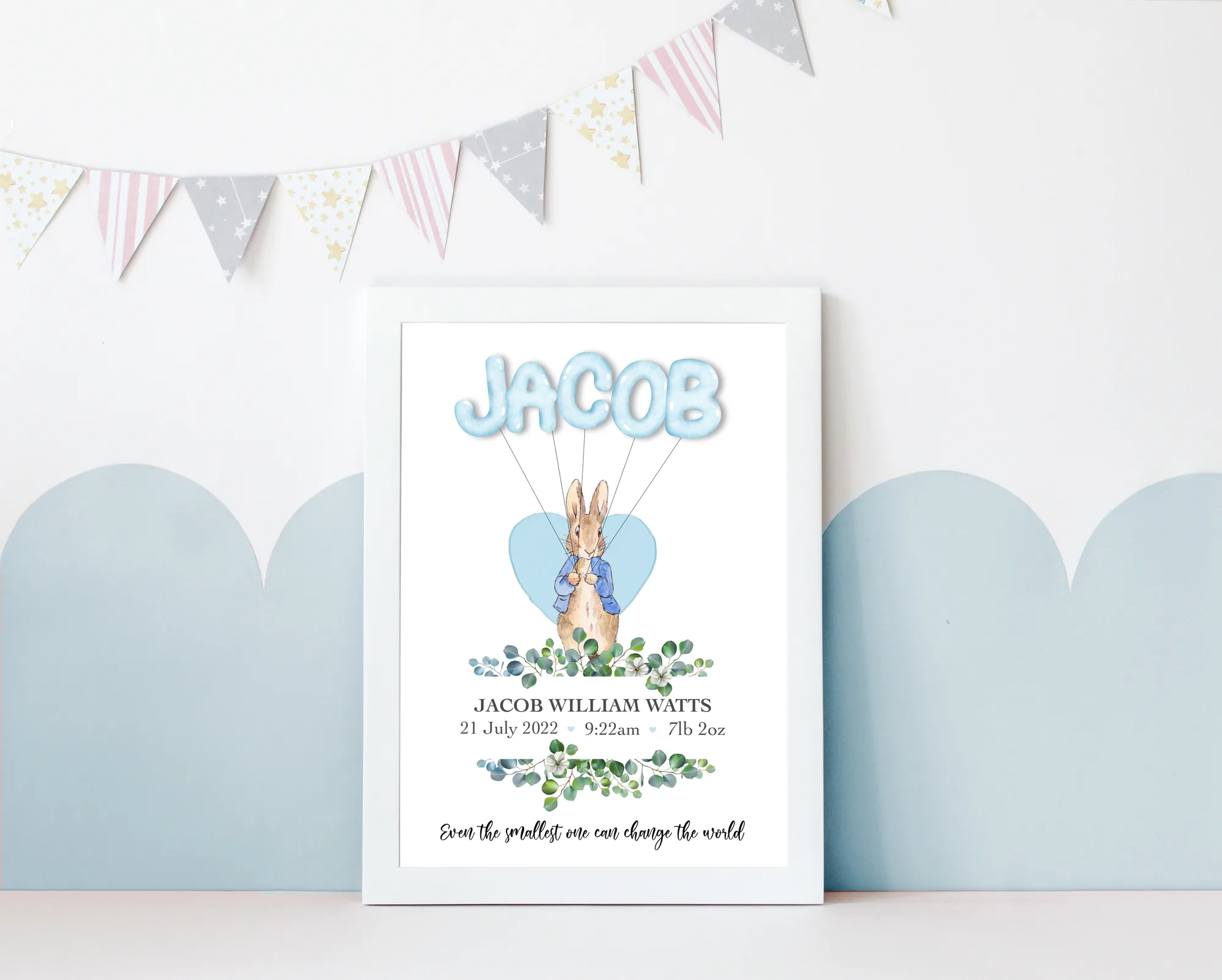 Personalised blue rabbit newborn print with baby birth details