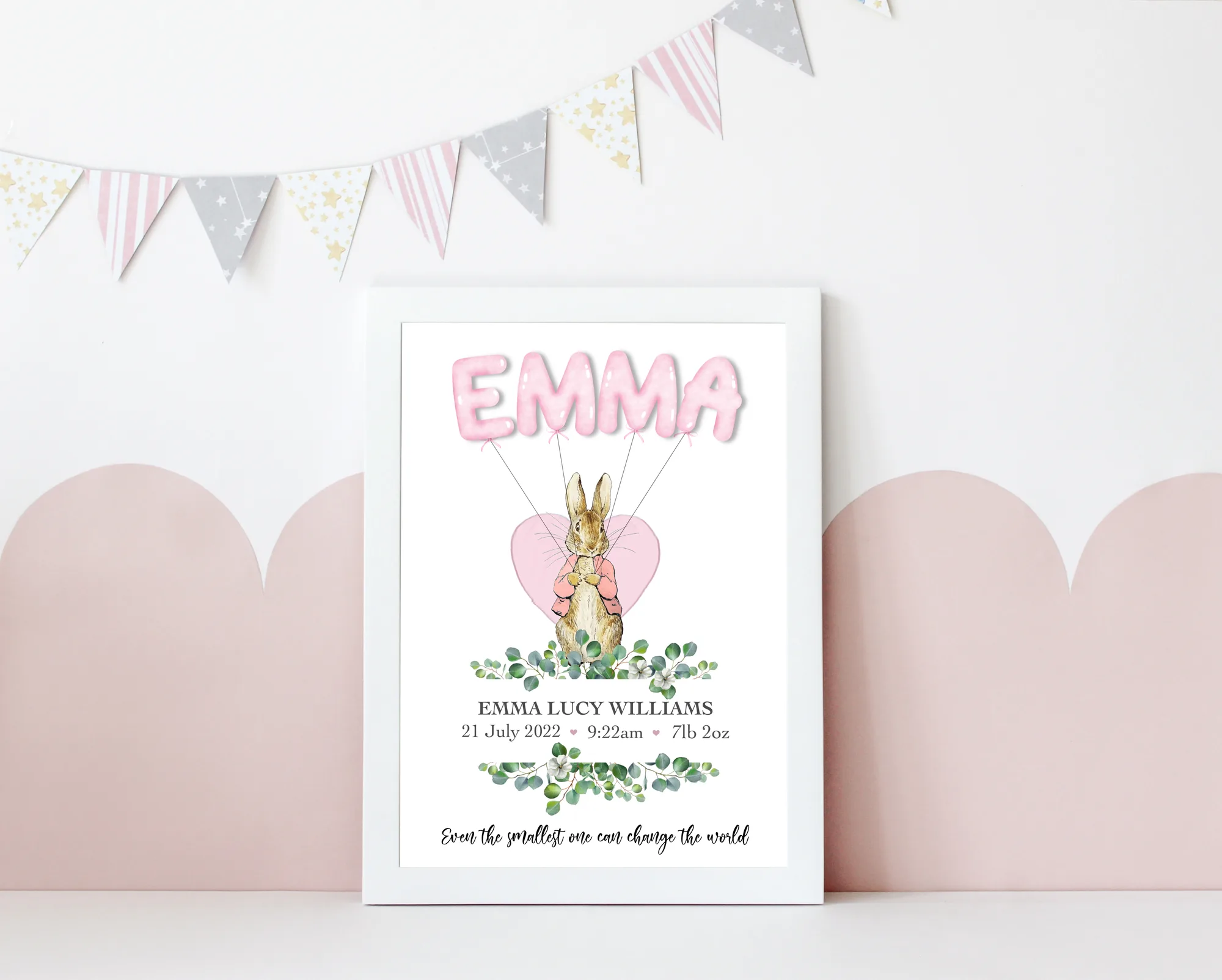 Personalised newborn rabbit birth details print in pink