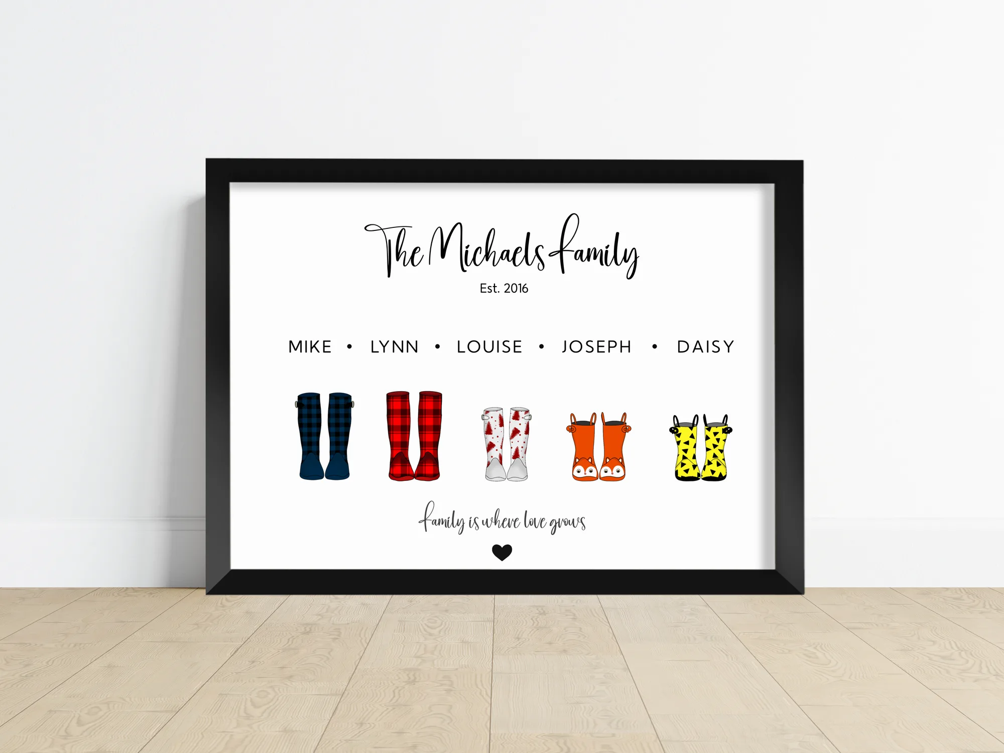 Personalised Welly Boot Family Print, each family member shown as their own wellington boot with names printed underneath