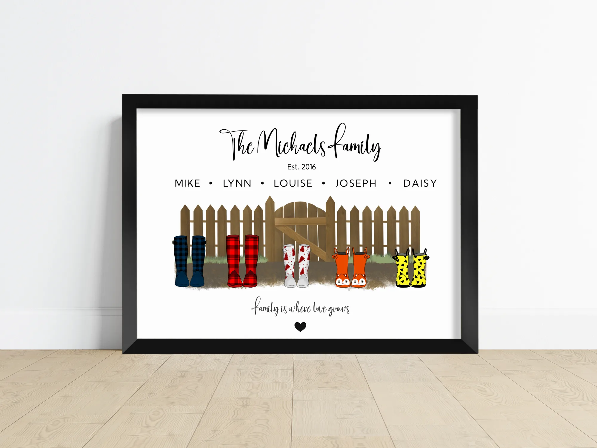 Personalised welly boot family print in the garden fence design, one welly boot per household member