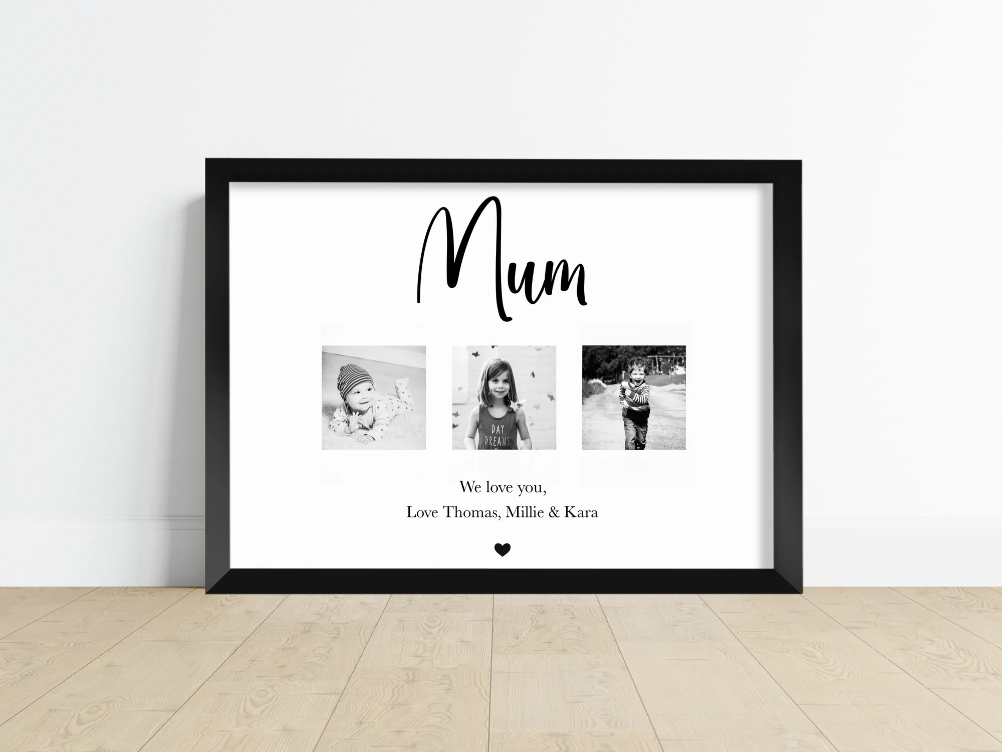 Personalised three photo print with a custom title, framed in black