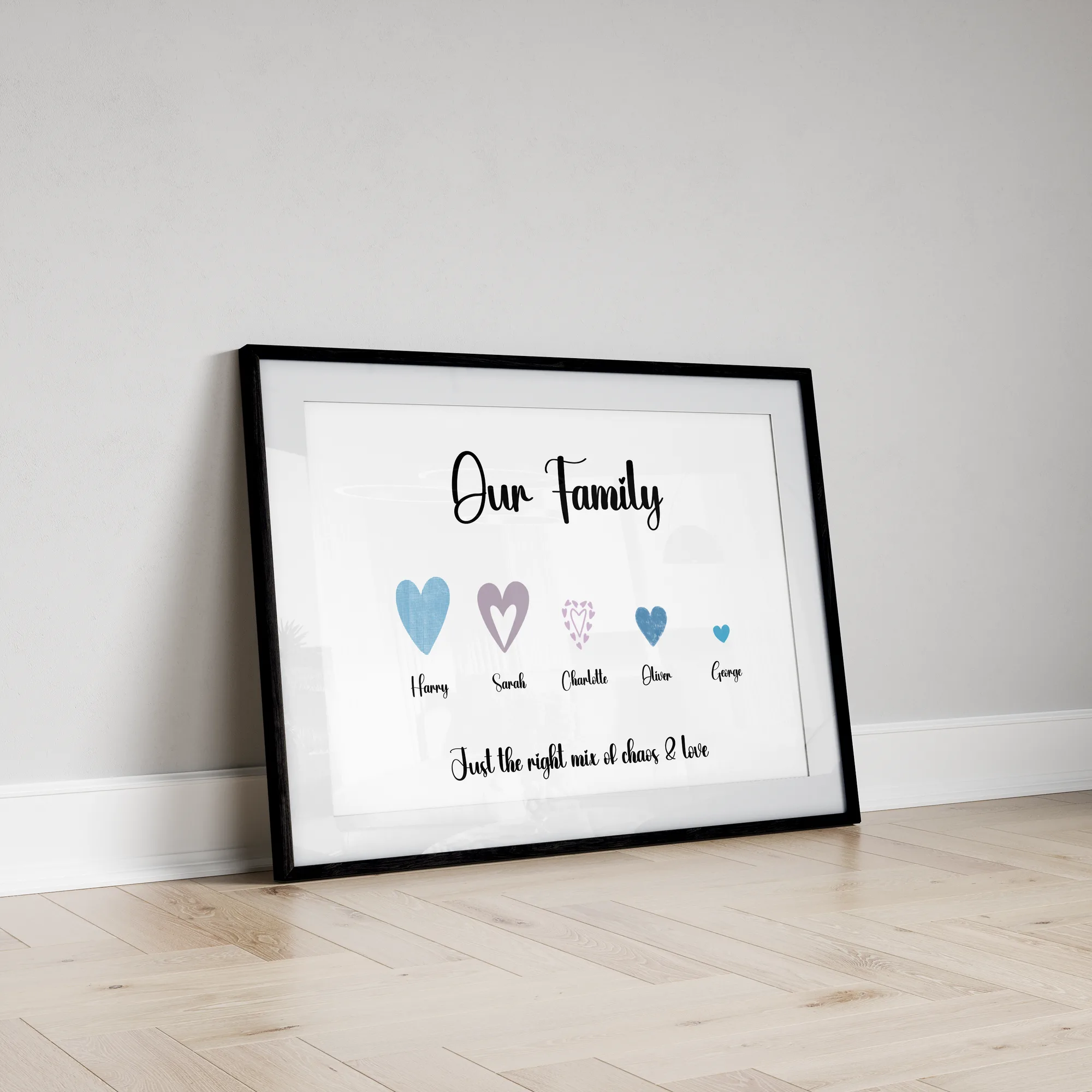 Personalised family heart connections print with linked hearts and family names