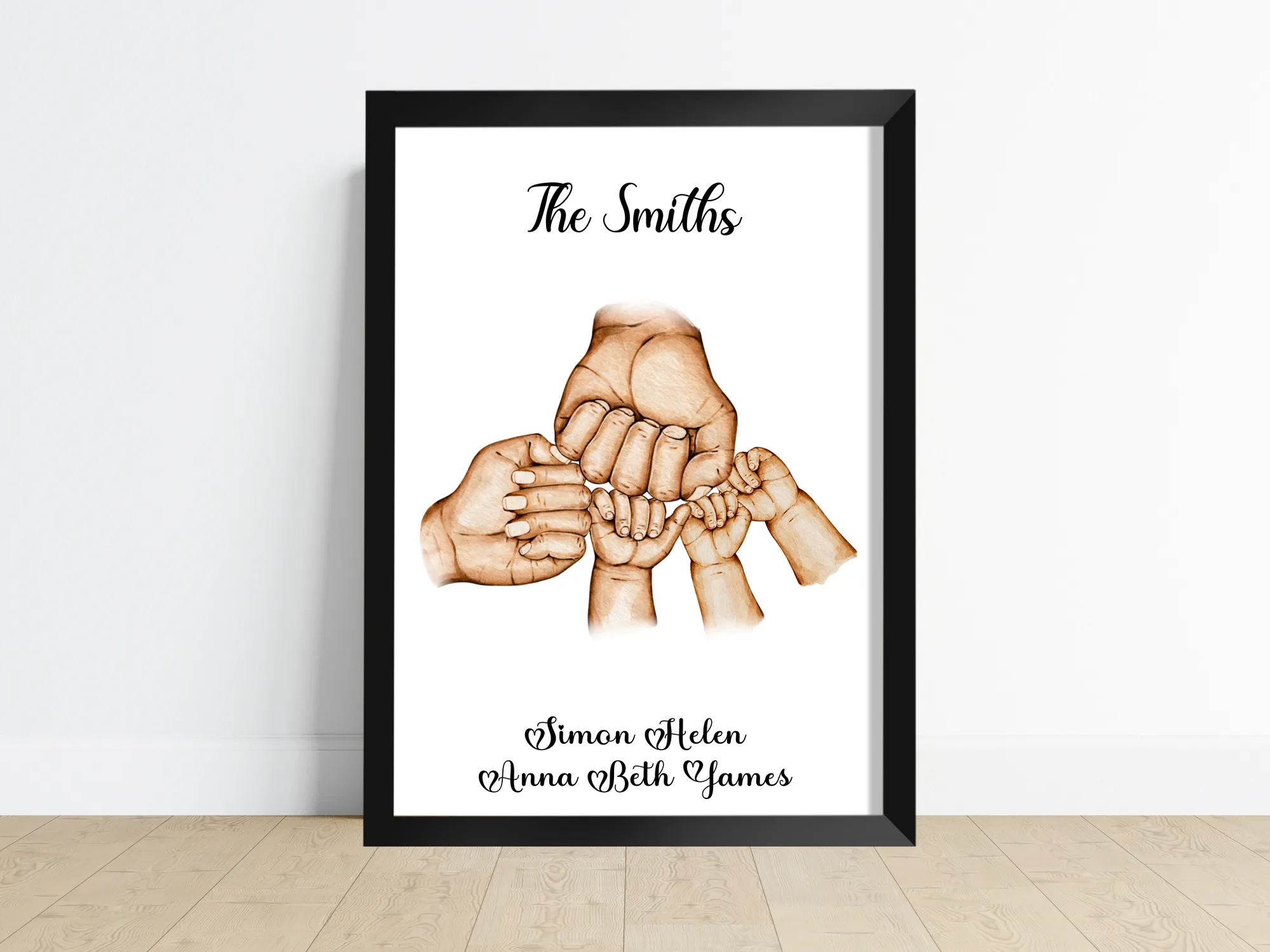 Personalised Family Fist Bump Print in a frame, with adult and children fist bumps and family names