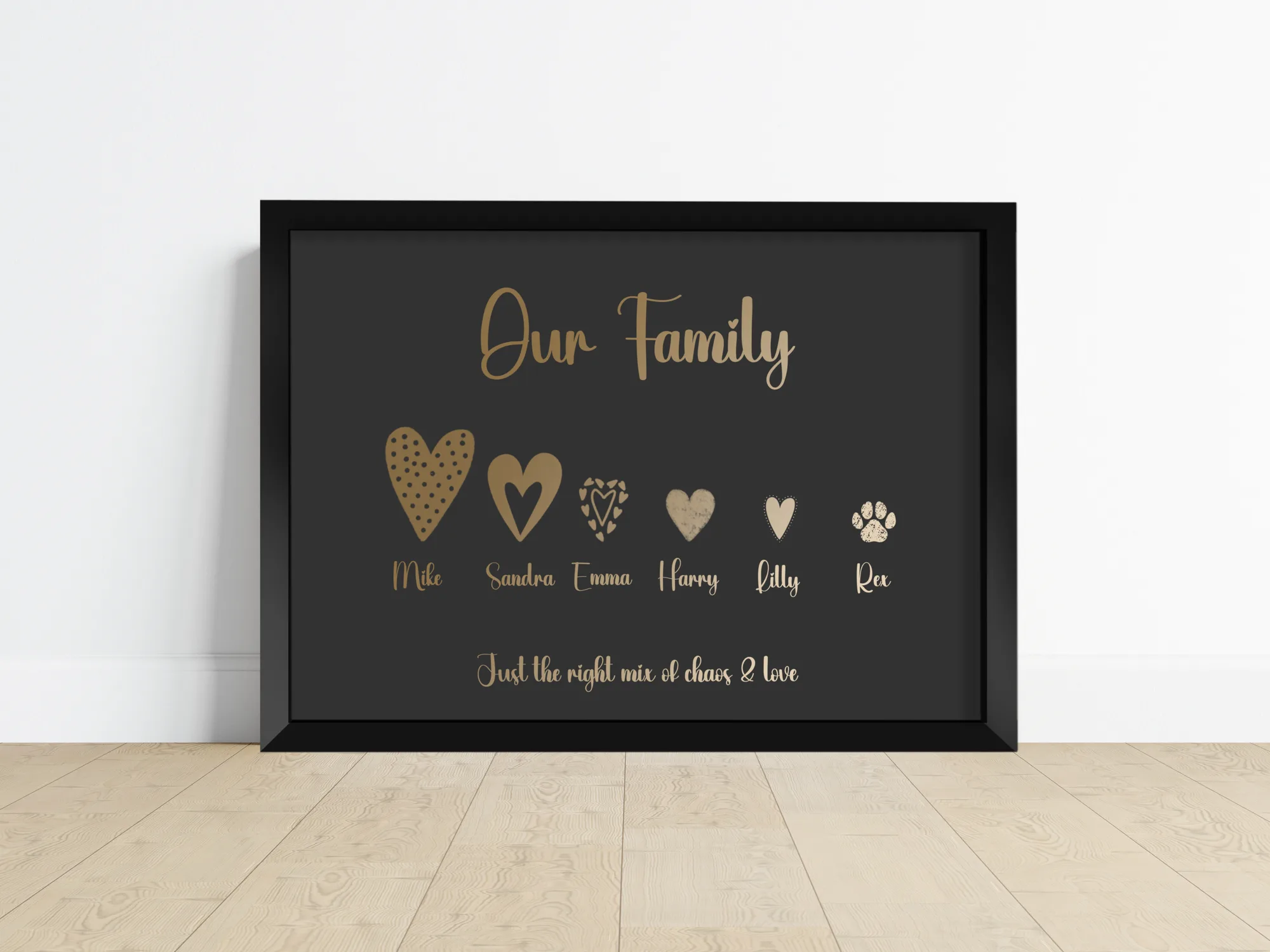 Personalised family heart connections foiled print with a foiled heart and name for each family member