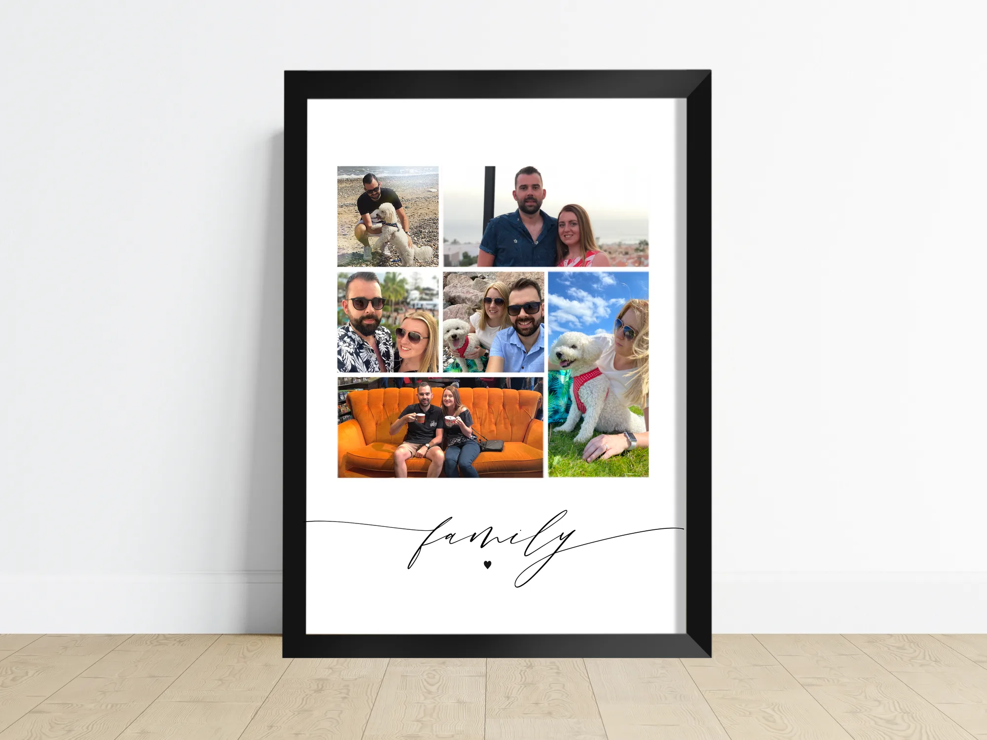Personalised Family Photo Collage Print with multiple family photographs arranged in a framed layout
