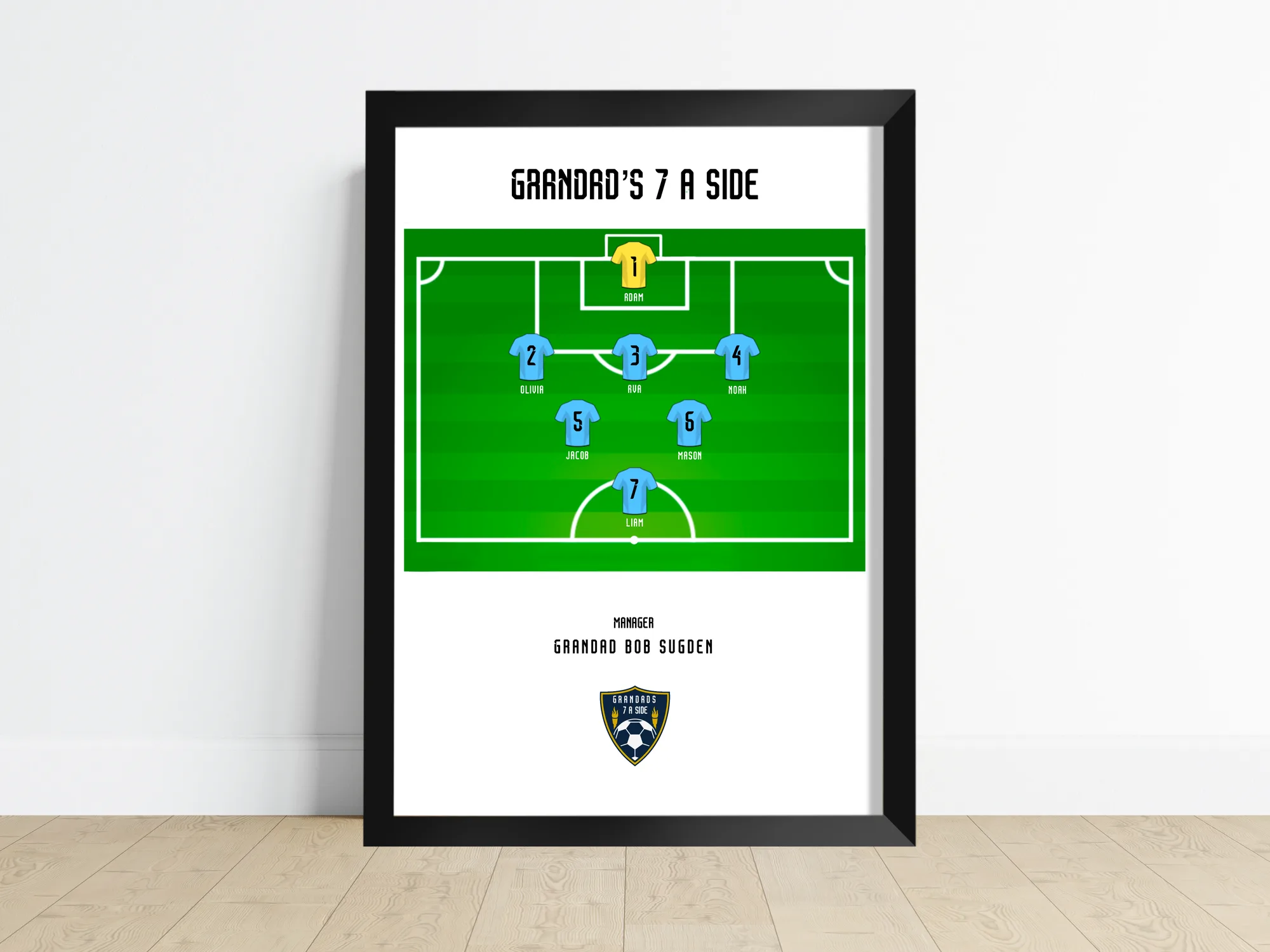 Personalised Grandad's Great XI print, a custom football pitch with grandchildren's names in every position and extras on the bench