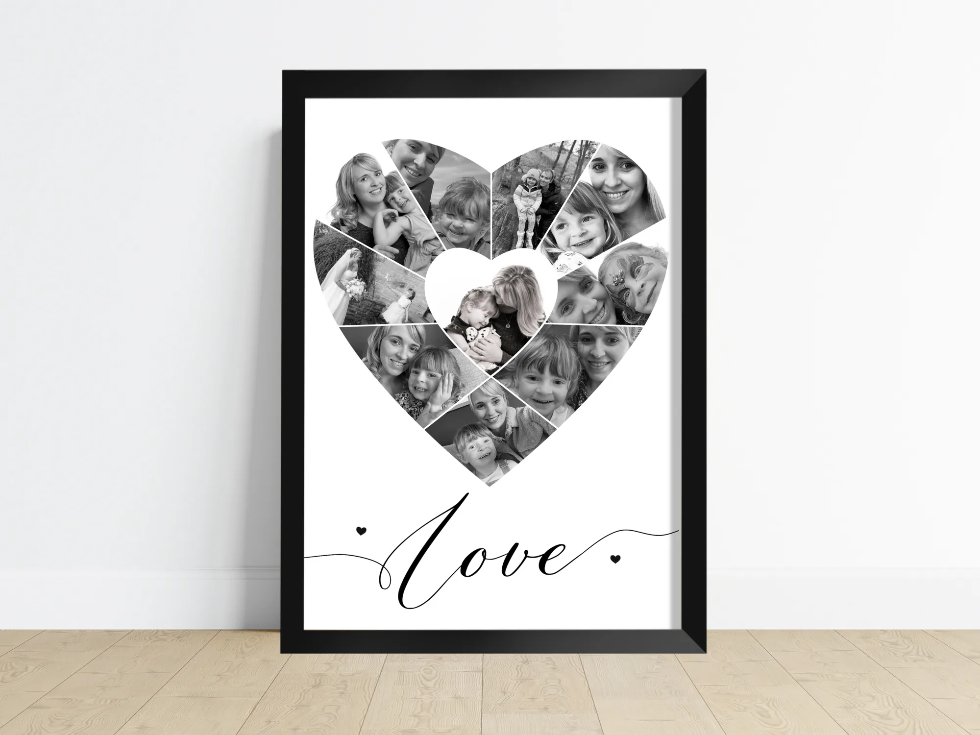A personalised photo print with ten photos arranged into the shape of a heart