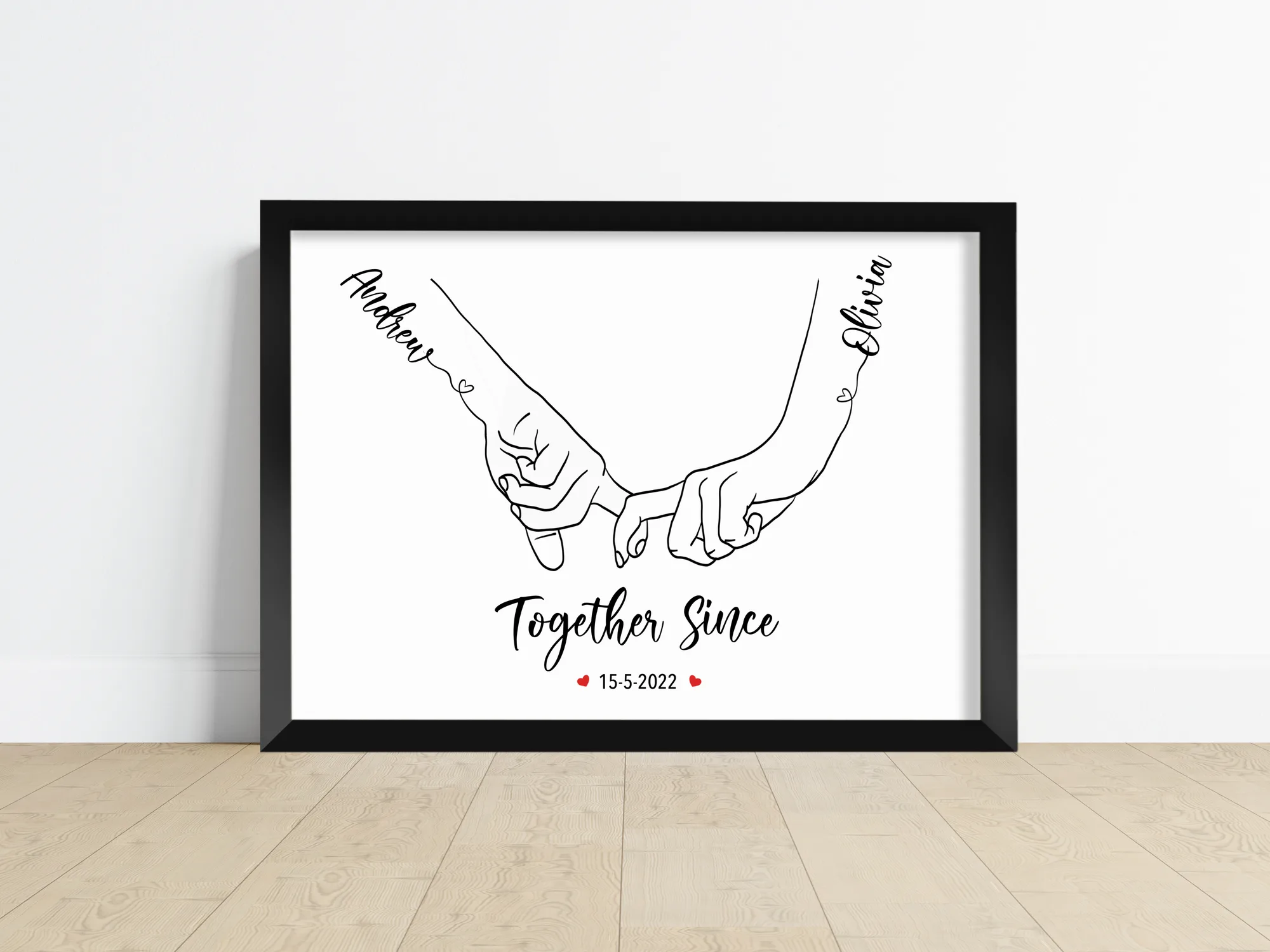 Personalised Couple Hand Print, two hands drawn as a single line with the couple's names