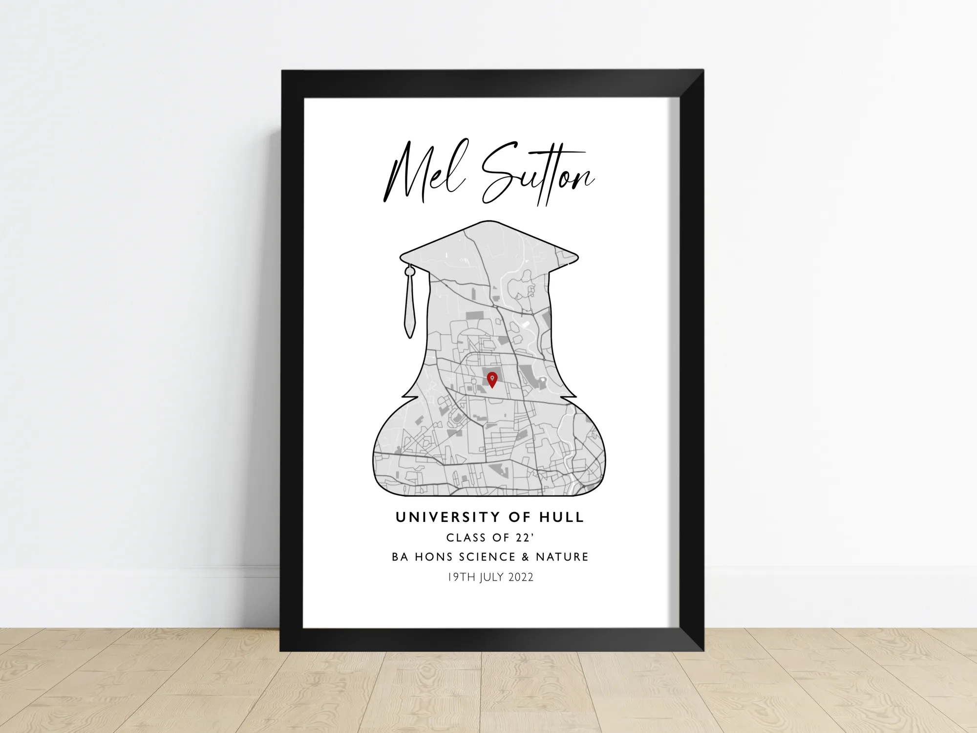 Personalised graduation print in a she/her figure shape, with the graduate's name, university and qualification forming the outline