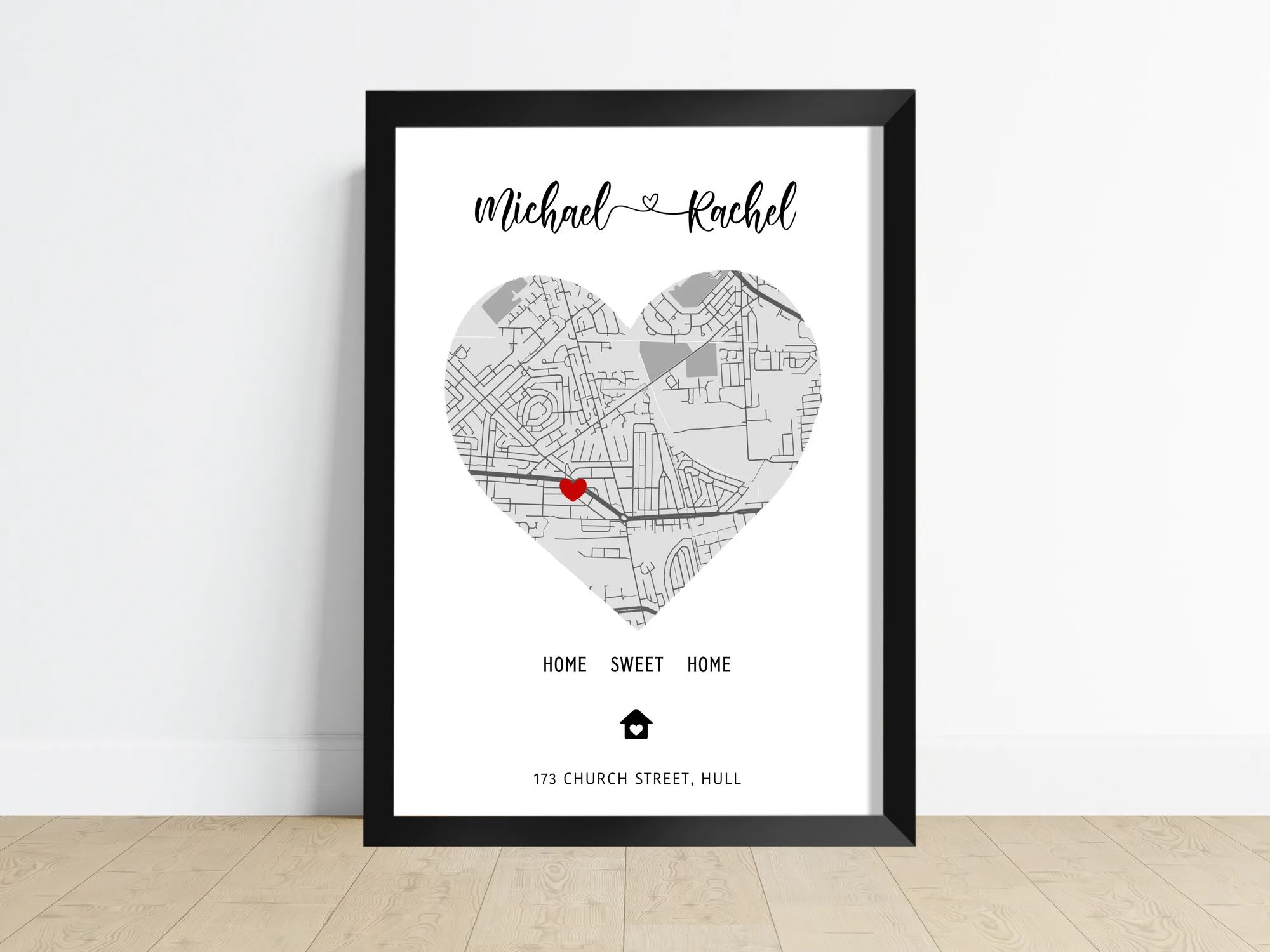 Personalised house map print in a plain heart shape, showing the streets around a home