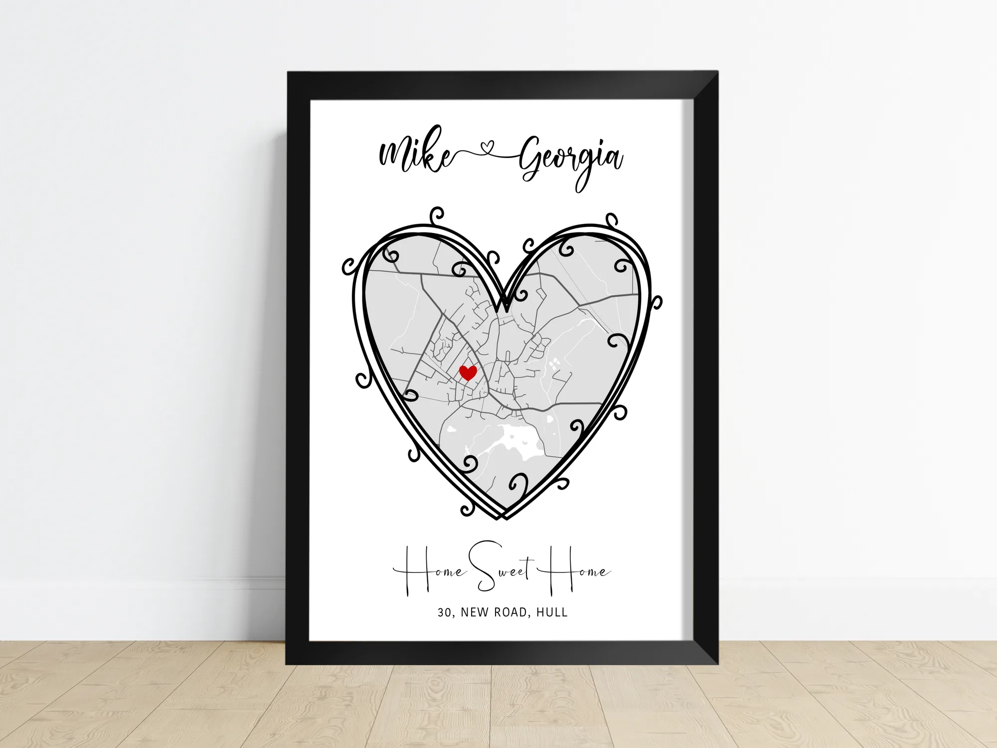 Personalised house map print in the twine heart shape, a rustic border around the mapped streets