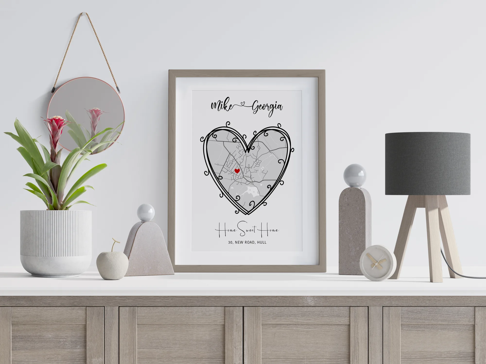 Personalised house map print cut into a twine heart shape, drawn around a home address