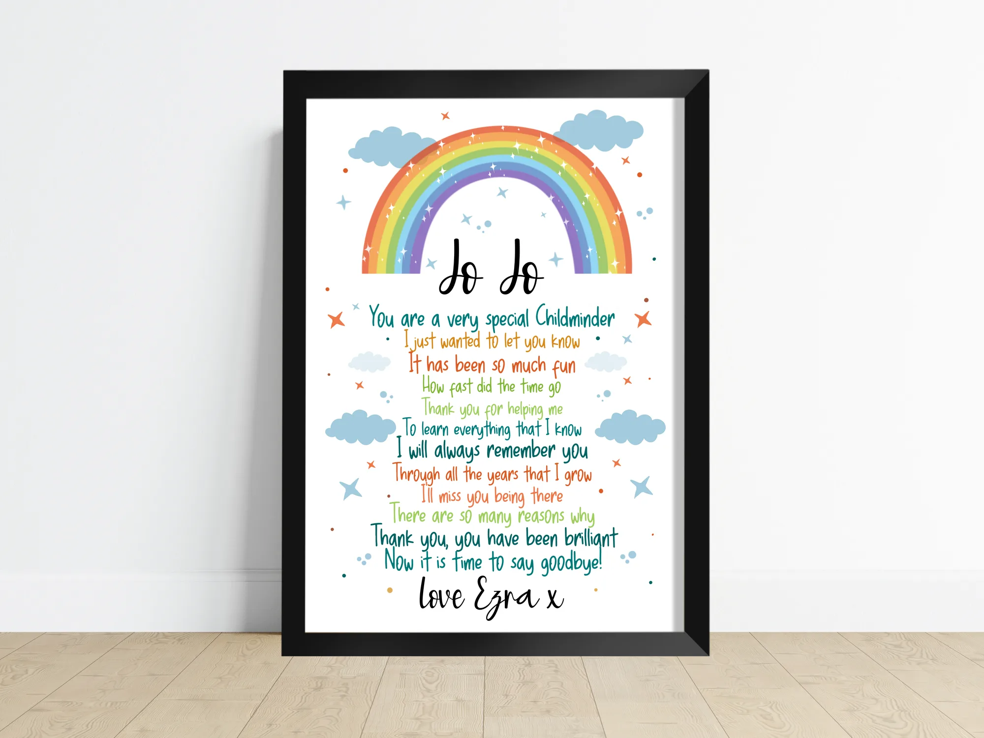 Personalised rainbow childminder thank-you print, customised with the childminder's name and a child's name