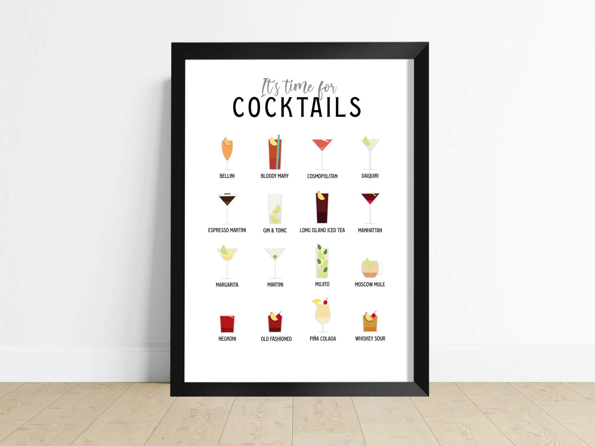 Time for Cocktail print, illustrated cocktails, framed above a home bar