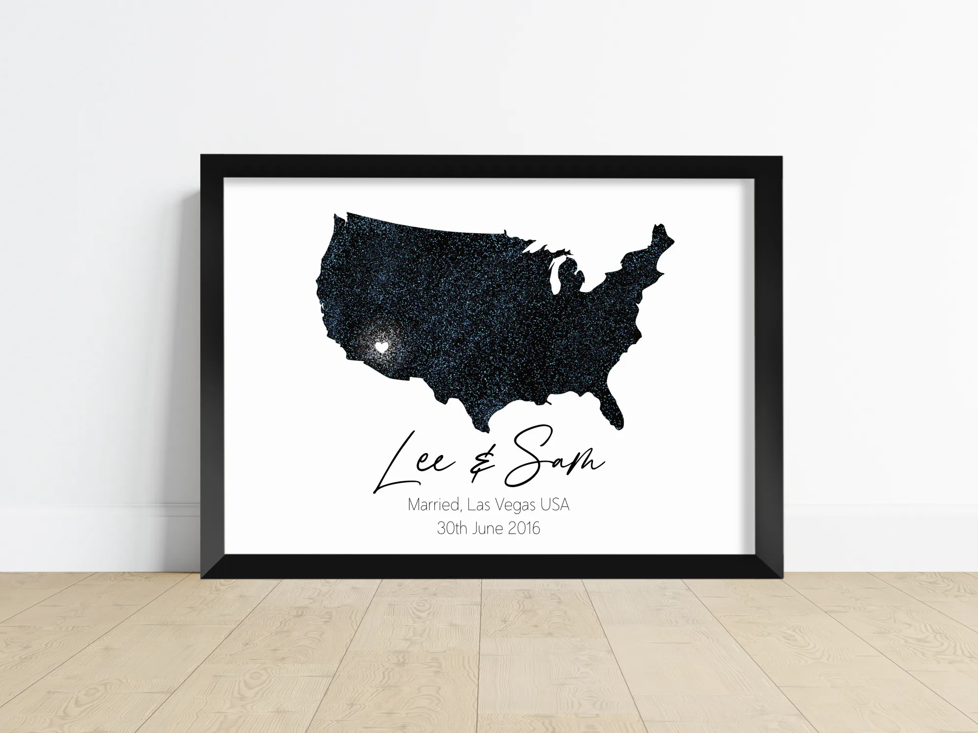 Personalised country map print with a pinned location, title and date for a wedding or engagement