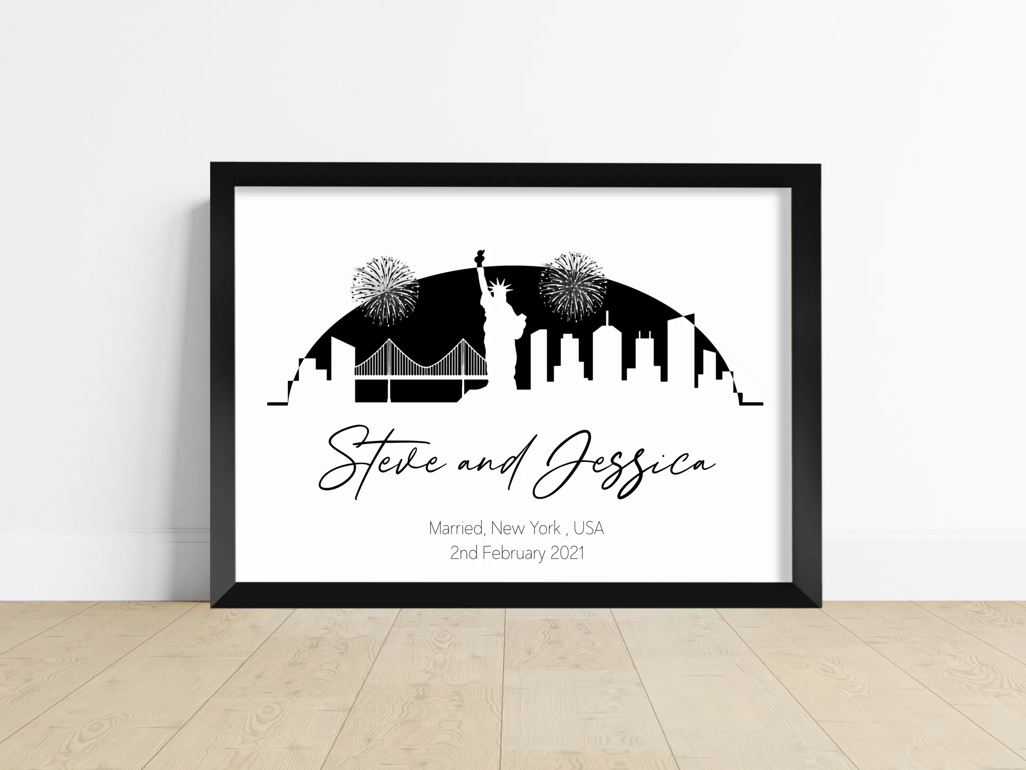 Personalised skyline print showing a city silhouette with names, event and date underneath