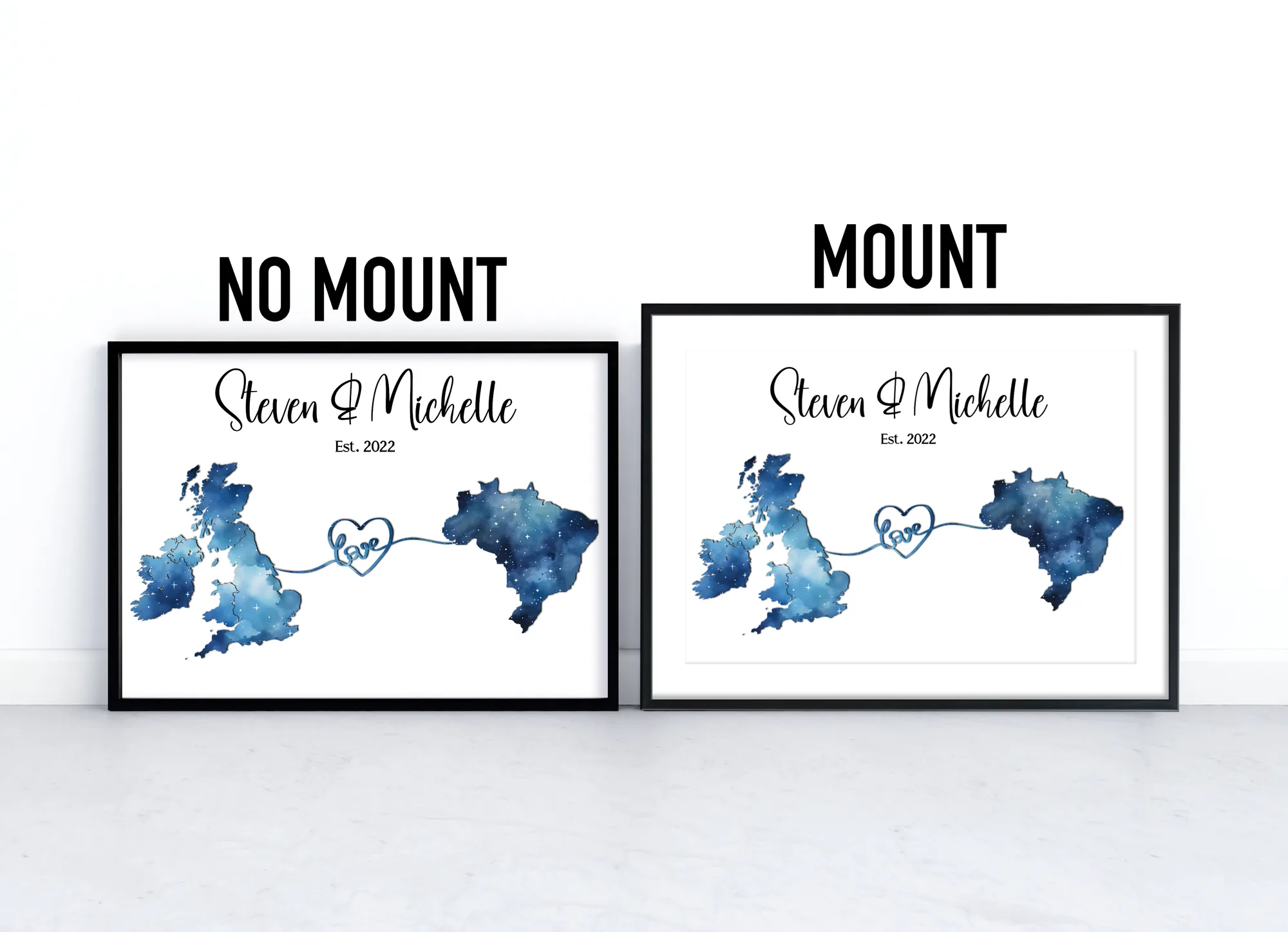 Two location love map print showing two meaningful places side by side