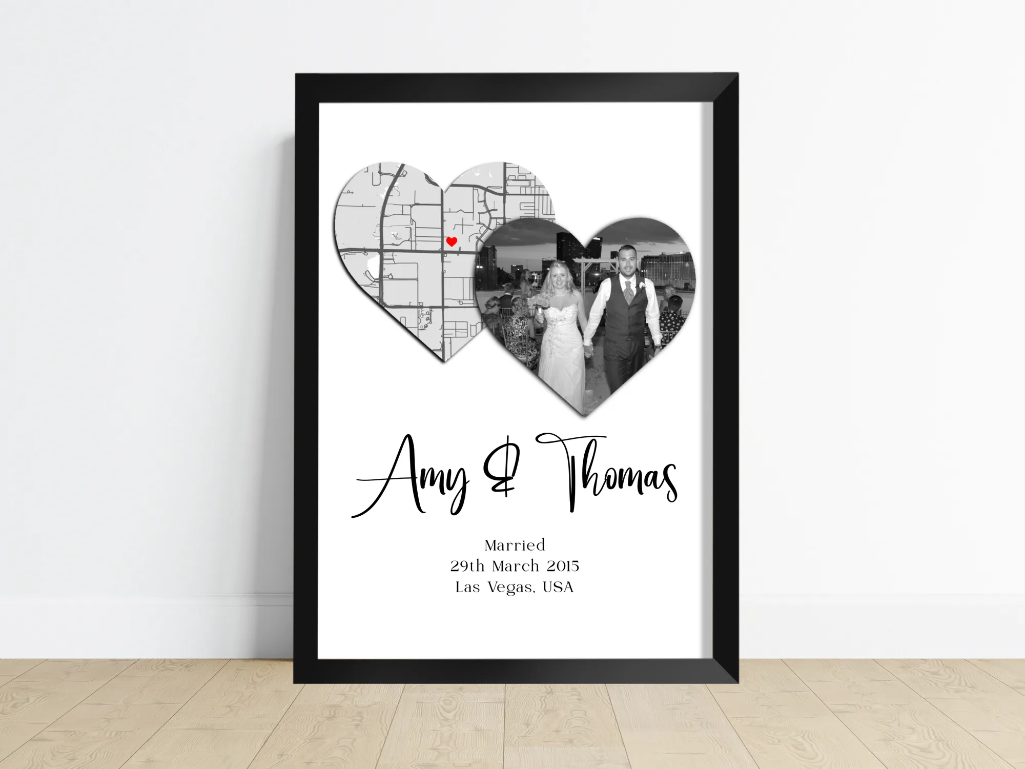 A personalised photo print pairing a couple's photo with a map of a place that matters to them