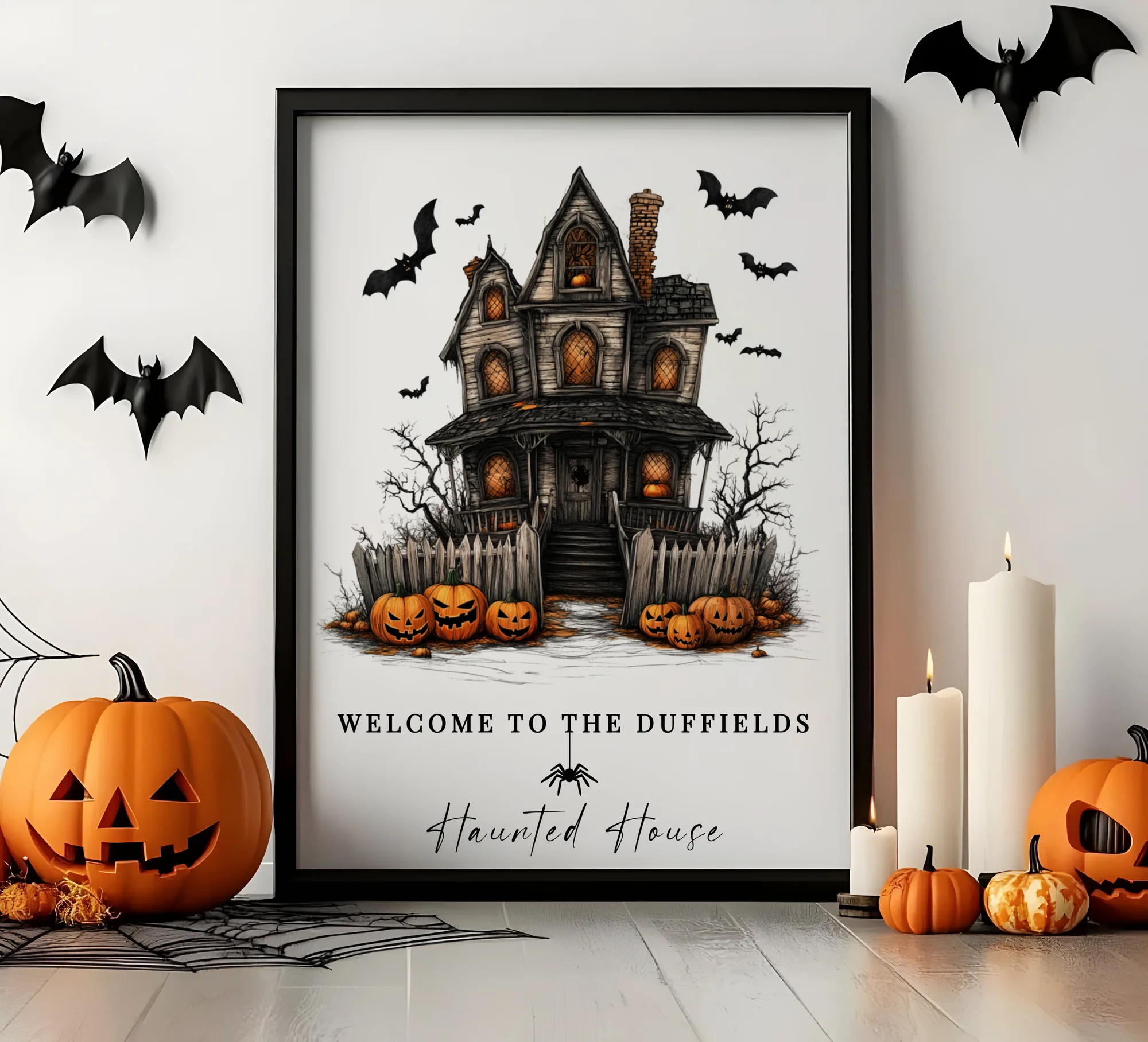Personalised Haunted House Halloween Print showing a customer's home drawn as a haunted house