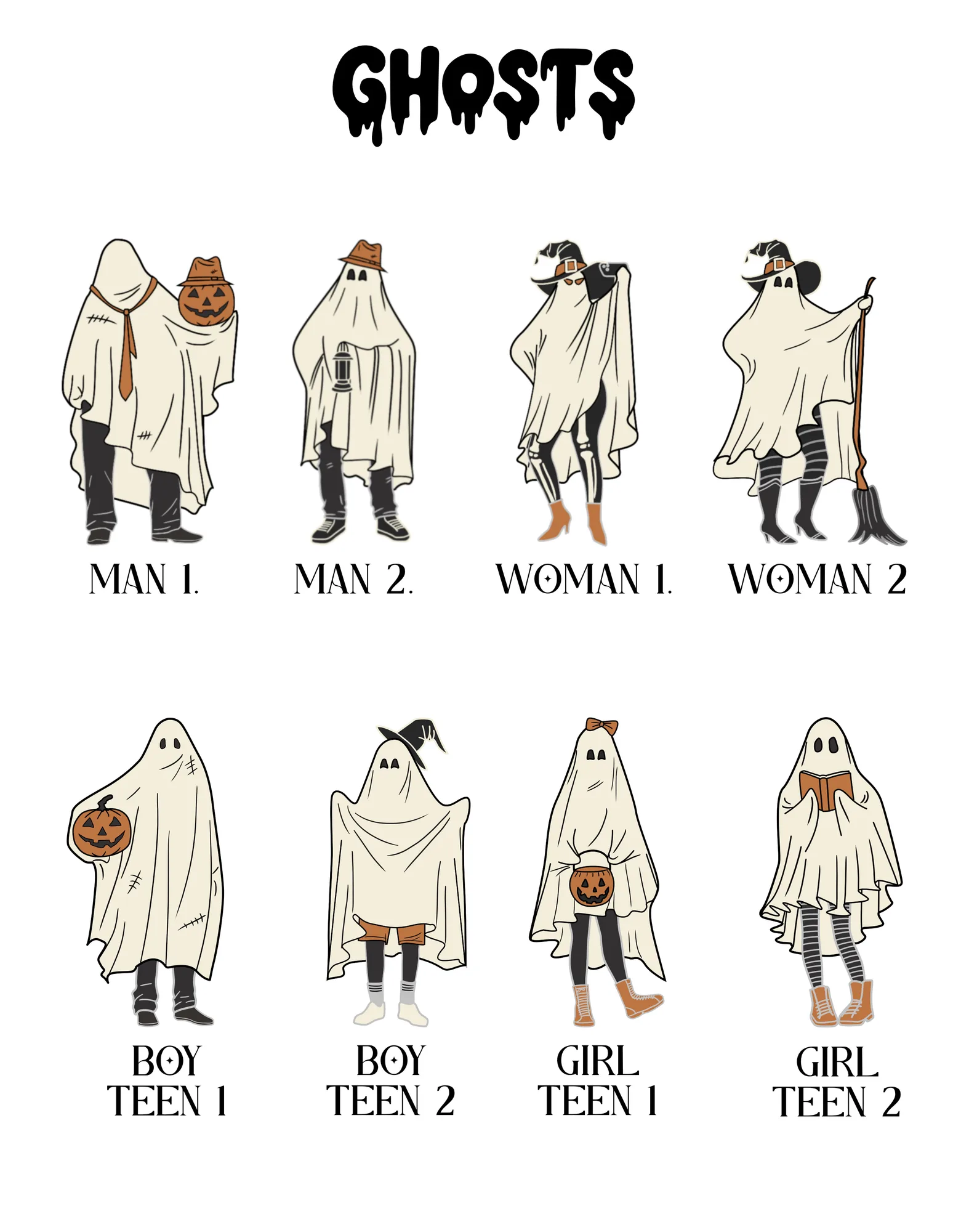 Personalised Halloween Ghost Family Print with a row of ghosts and a family name above them