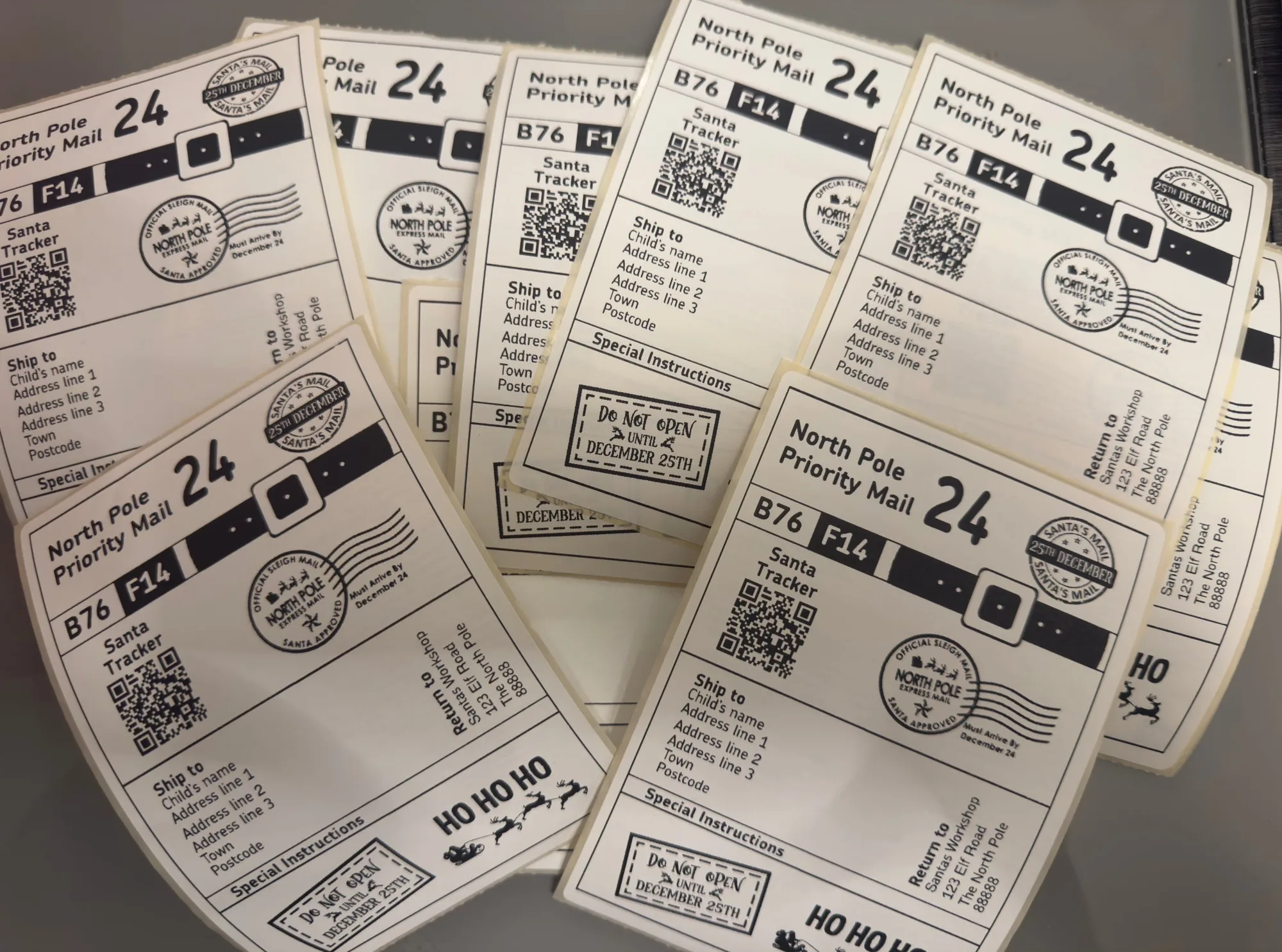 Personalised Santa labels with a QR code Santa tracker, printed with a child's name